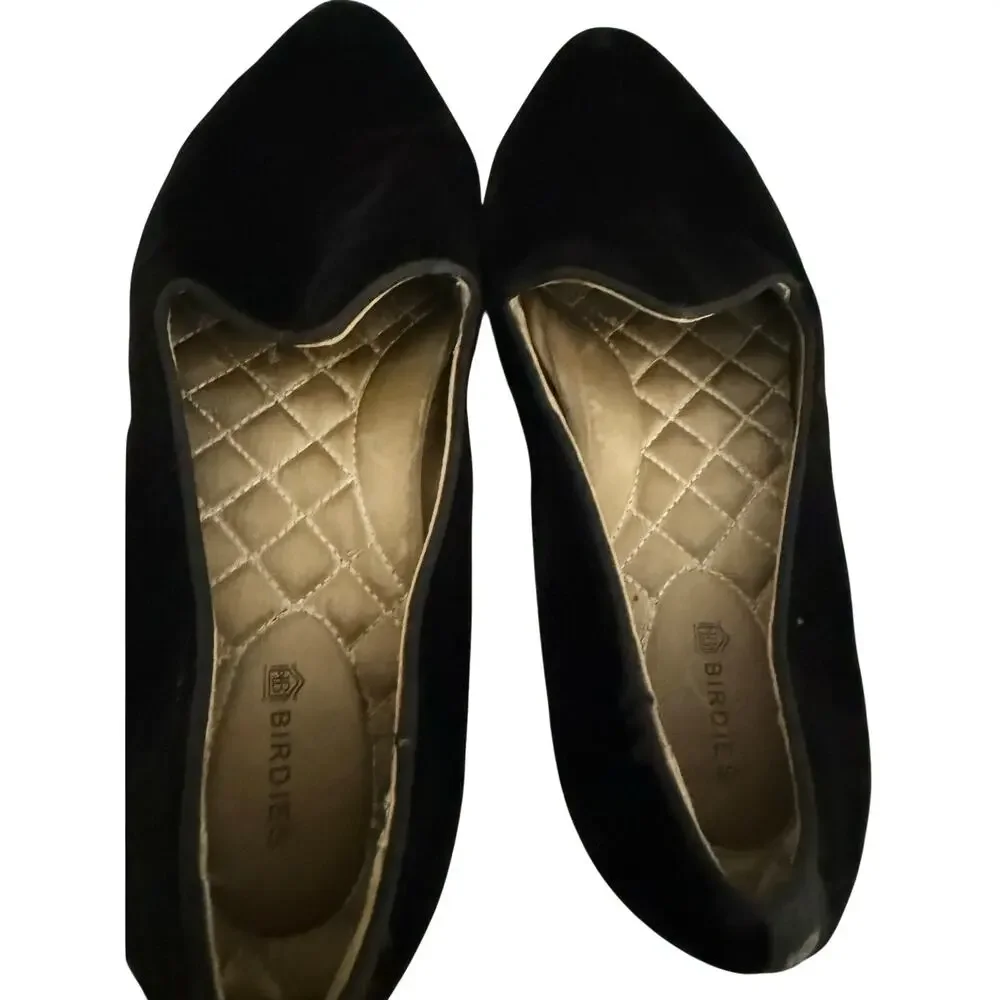 Birdies Black Velvet Flats Pointed Toe Loafers Women’s Size 8 Quilted Comfort
